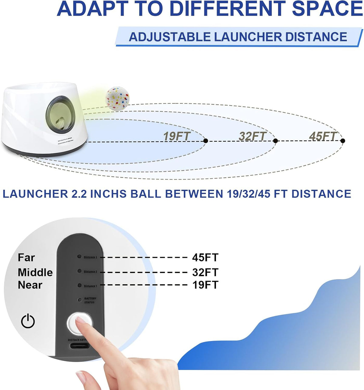 soco automatic dog ball launcher, 3 distances to, close-up detail