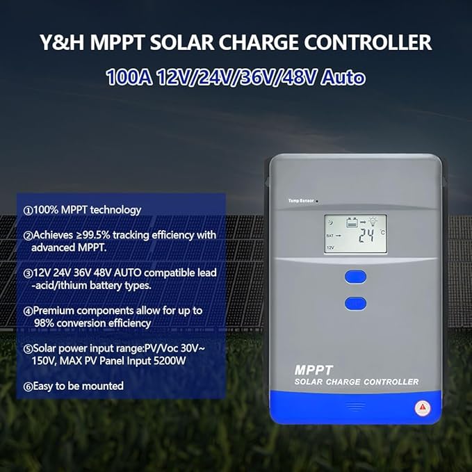 100A MPPT Solar Charge Controller 12V/24V/36V/48V Auto Battery Regulator LCD