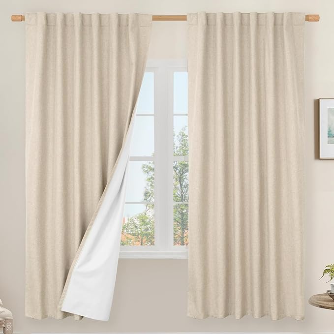 LAMIT 100% Blackout Natural Linen Curtains, 72 Inches Linen Textured Thermal
