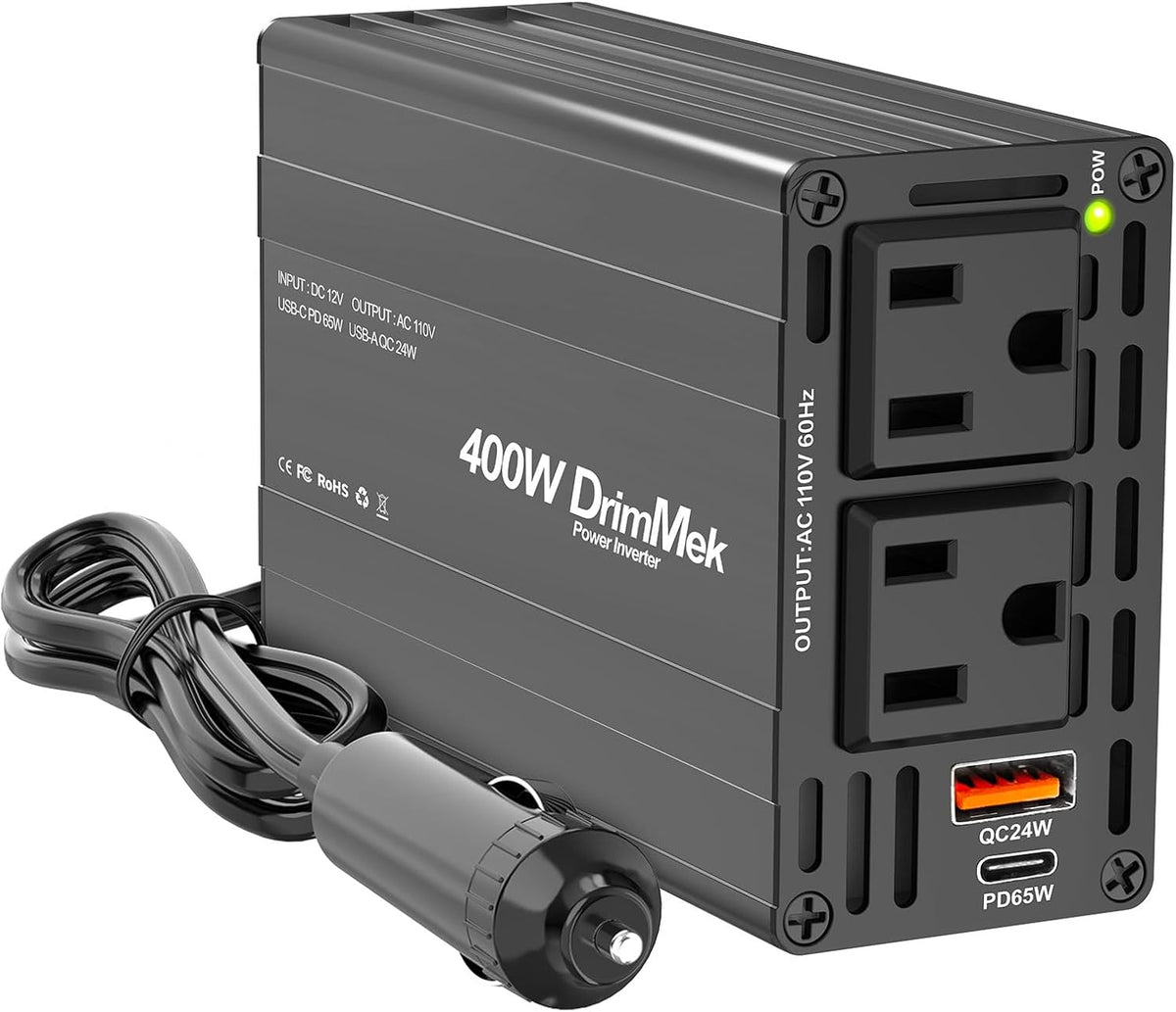 400W Car Power Inverter 12V to 110V AC｜24W+65W USB C, Laptop Charger