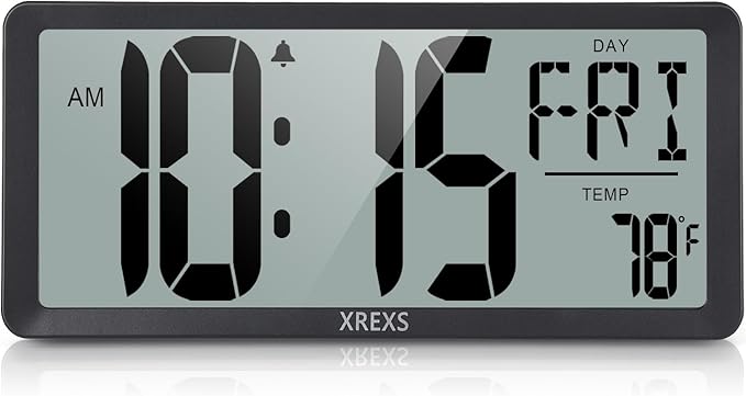 XREXS Large Digital Wall Clock, Battery Operated Alarm Clocks