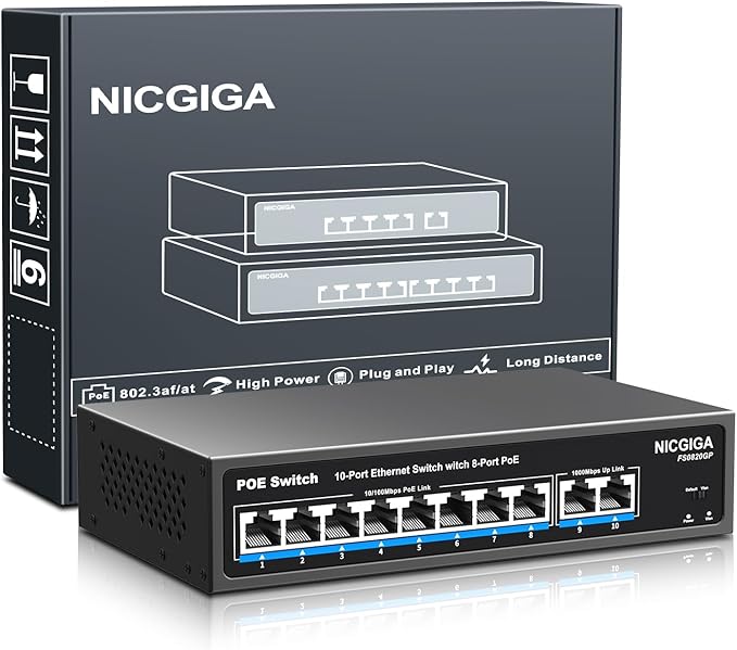 8 Port PoE Switch with 8 Ports 100Mbps PoE+@120W + 2 * Gigabit Uplink Port