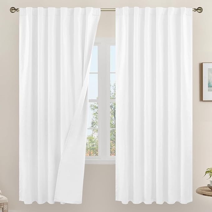 LAMIT White 100% Blackout Linen Curtains, 72 Inches Linen Textured Living Room