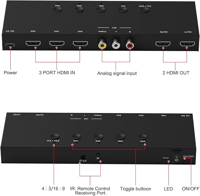 Dingsun 3 Way HDMI 2.0+ RCA to 2 Way HDMI Converter