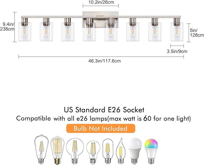 8 Light Bathroom Vanity Light, Large Brushed Nickel Vanity Lights Fixtures