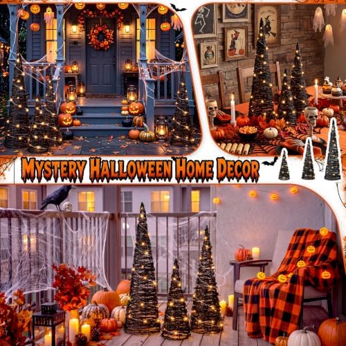 Jenaai 3 Lighted Halloween Rattan Trees 24" 16" 12", Cone Trees Decor
