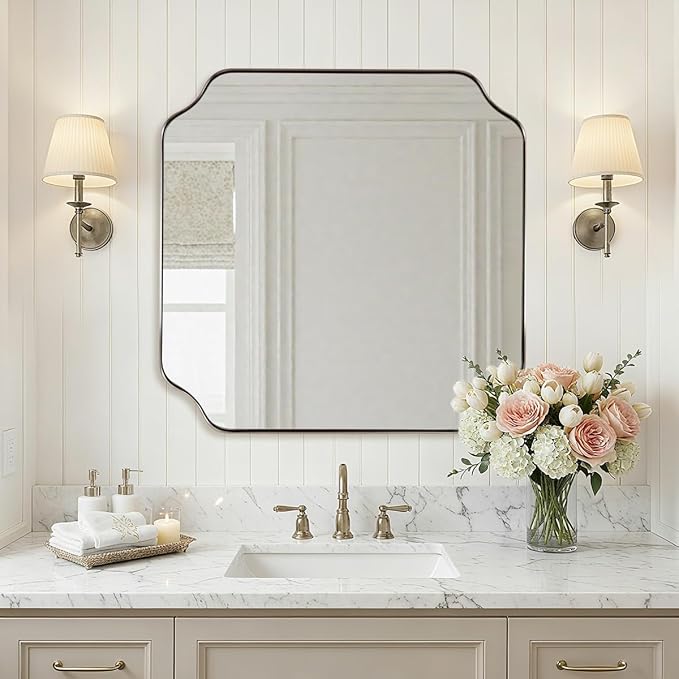 ANDY STAR 24"x24" Brushed Nickel Square Mirror, Modern Scalloped Mirror in