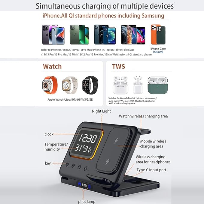 IHAO 5in1 Multi Functional Wireless Charging Station Digital Clock 15W Fast