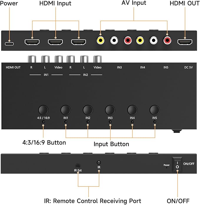 5 in to 1 Out RCA/HDMI Switcher，3 Way HDMI 2.0 + 2 RCA to HDMI Converter