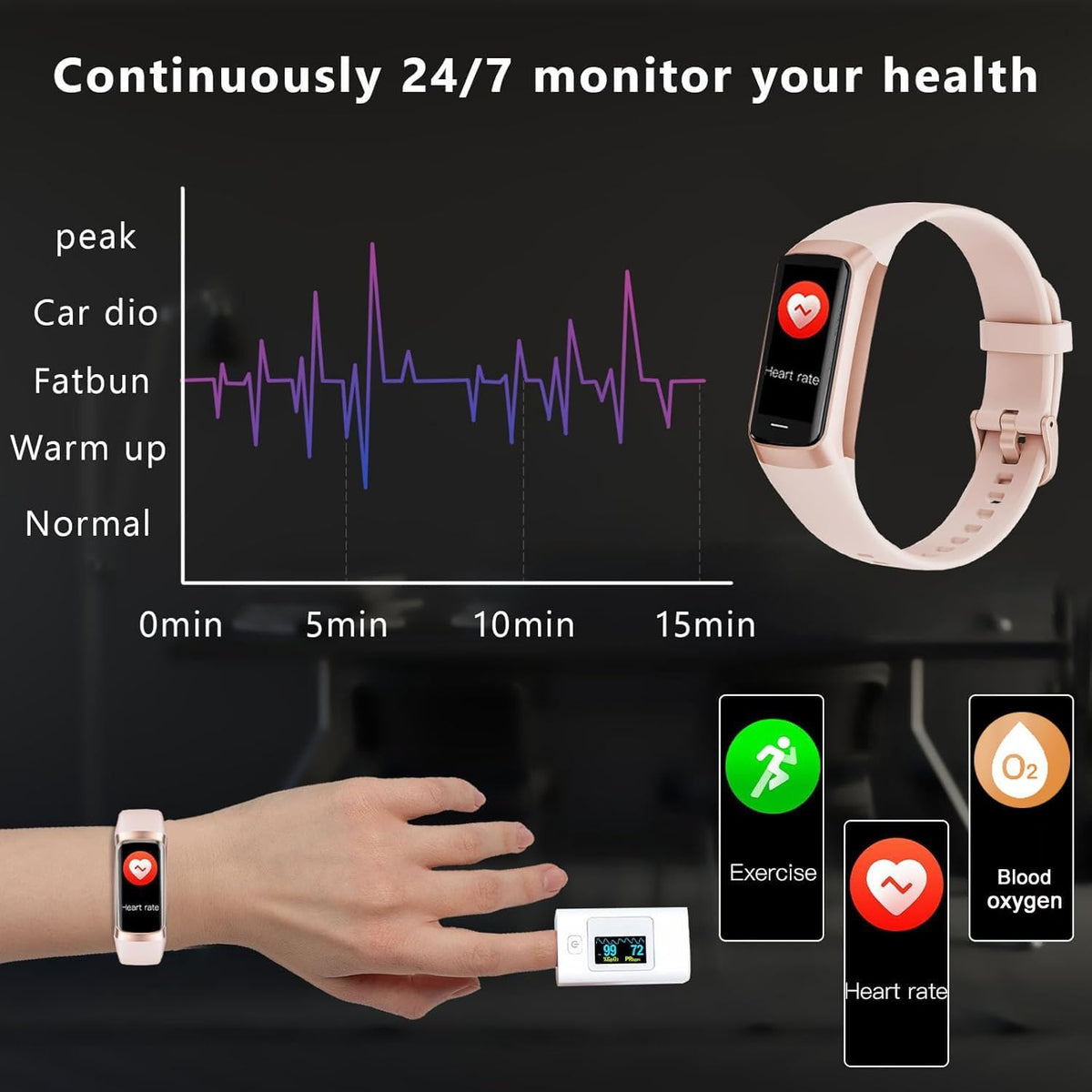 troty fitness tracker with heart rate/blood oxygen/sleep monitor, front angle view