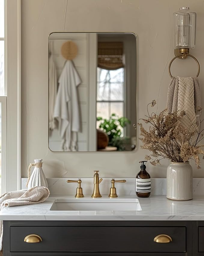 Andy Star Gold Bathroom Mirror, 22x30'' Brushed Brass Metal Frame Rounded