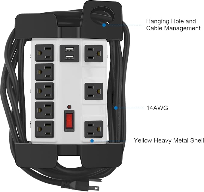 Heavy Duty Power Strip with USB, Workshop 8 Outlet Surge Protector 2700 Joules