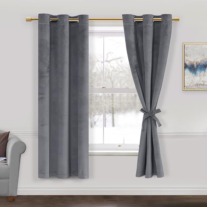 JIUZHEN Grey Velvet Curtains 63 inches Blackout Curtains