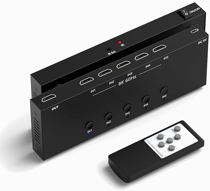 8K 5 in to 1 Out HDMI Switcher，5 Way HDMI Converter & Infrared Remote Control