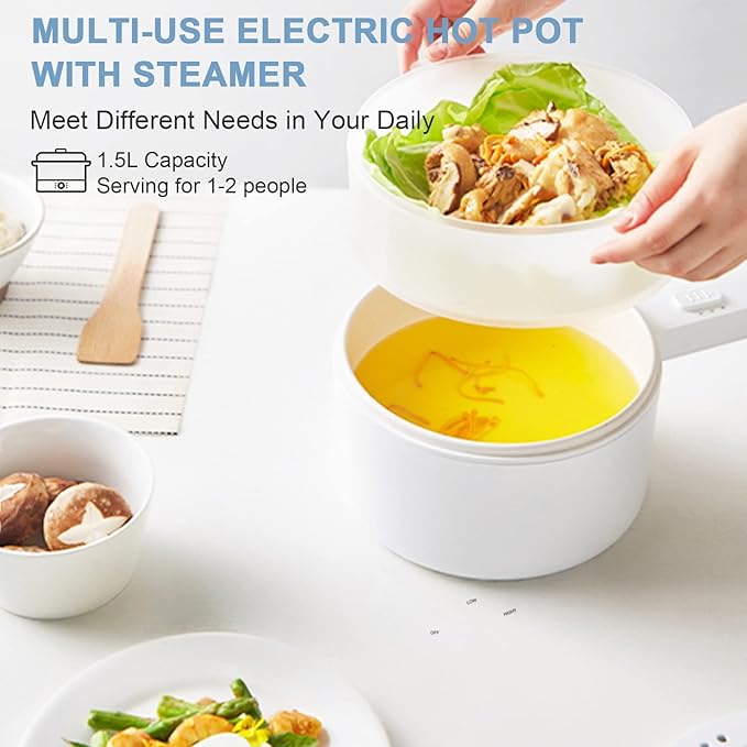 olakys. Electric Hot Pot with Steamer, 1.5L Ceramic Glaze Non-stick Portable Pot