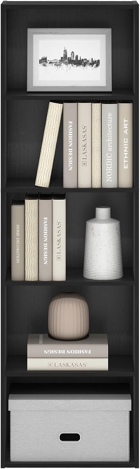 Furinno LUDER Book Shelf, 5-Tier Bookshelf, Bookcase with Open Shelves, 9.4 x 15.8 x 52, Easy Assembly, for Living Room, Bedroom, Home Office, Blackwood