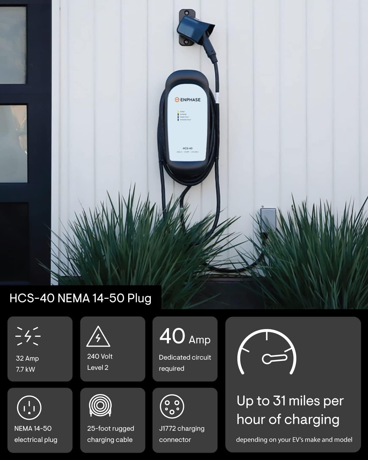 32 Amp Plug-in Level 2 EV Charger for Home, Enphase HCS-40 (Formerly ClipperCreek), NEMA 14-50, 5-Year Warranty, 25 ft Cable, J1772 Connector, up to 31 Miles of Range per Hour