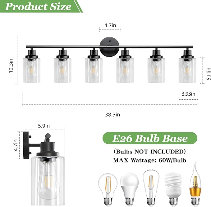 Guliaofo 6-Light E26 Black Bathroom Vanity Lights, Modern Bathroom Light