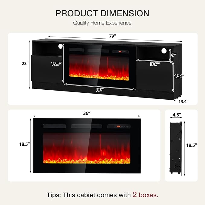 YISUFO 80” TV Stand with 36” Electric Fireplace, Large Modern Media