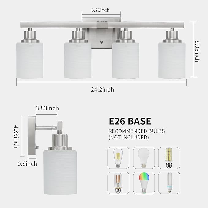 DIKAIDA Bathroom Vanity Light, 4-Light Nickel Modern Bathroom Light Fixtures