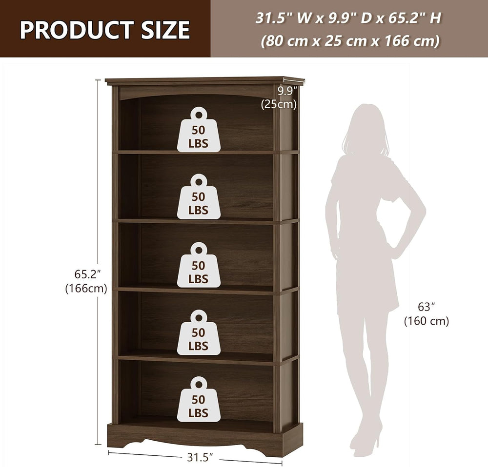 TVU 5-Tier Wooden Bookshelf, 31.5" W x 65" H ×9.9" D Bookshelf...