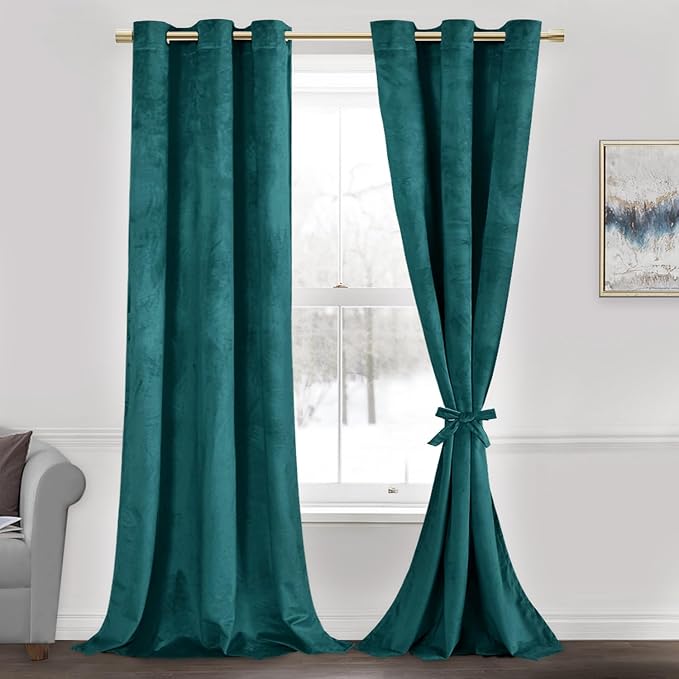 JIUZHEN Teal Velvet Curtains 96 inches Blackout Curtains