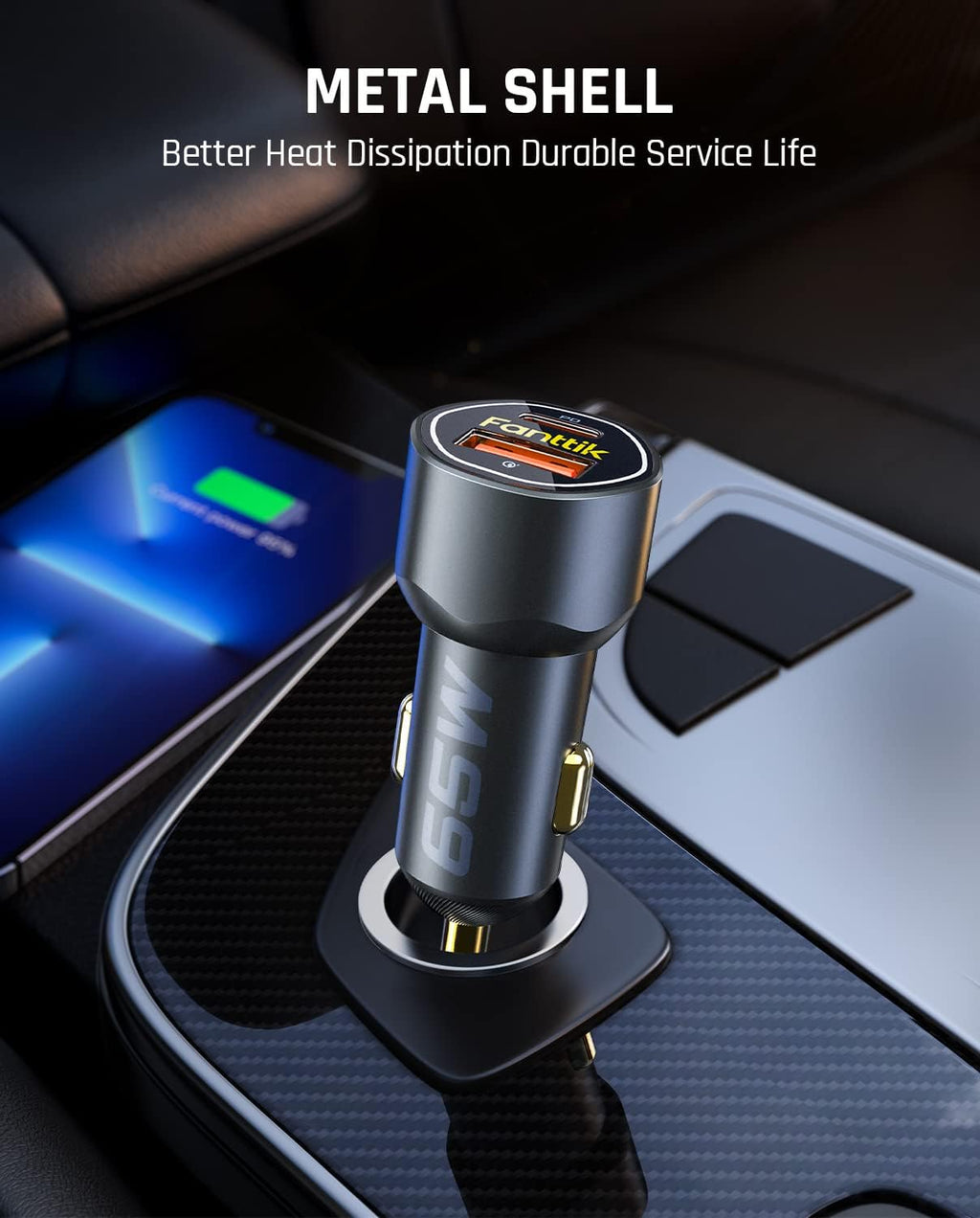 fanttik 65w usb c car charger, dual port on a desk or shelf