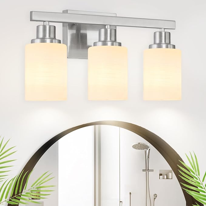 DIKAIDA 3-Light Bathroom Light Fixtures, Nickel Vanity Light, Modern Bathroom