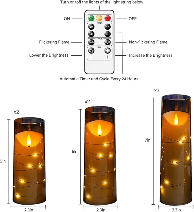 Flameless Candles with Embedded Star String, Battery Operated LED Pillar (Set of 9)