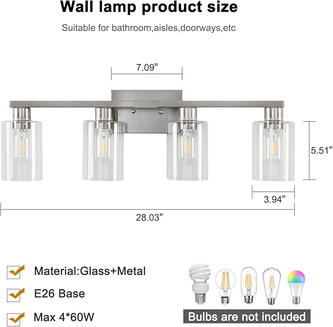 SOPEAS 4 Light Bathroom Light Fixtures, Brushed Nickel Modern Bathroom Vanity