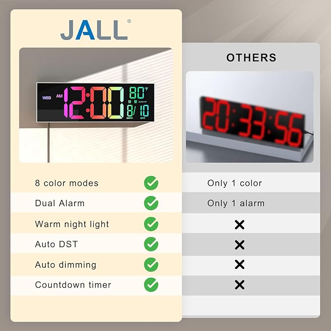 JALL 16" Large Digital Wall Mount Clock, Count Down Timer, Big LED, 8 RGB Color
