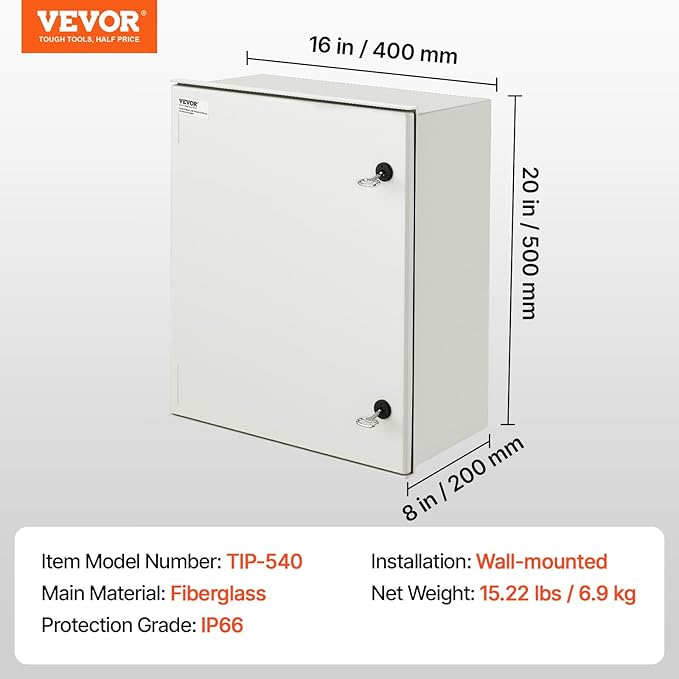 VEVOR Fiberglass Enclosure 19.7 x 15.7 x7.9 Electrical Enclosure Box NEMA 3X