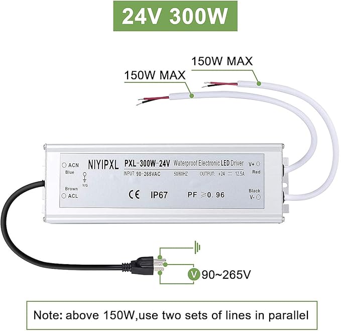LED Driver 300 Watts 24V DC Transformer， Waterproof IP67 Power Supply, 24V DC