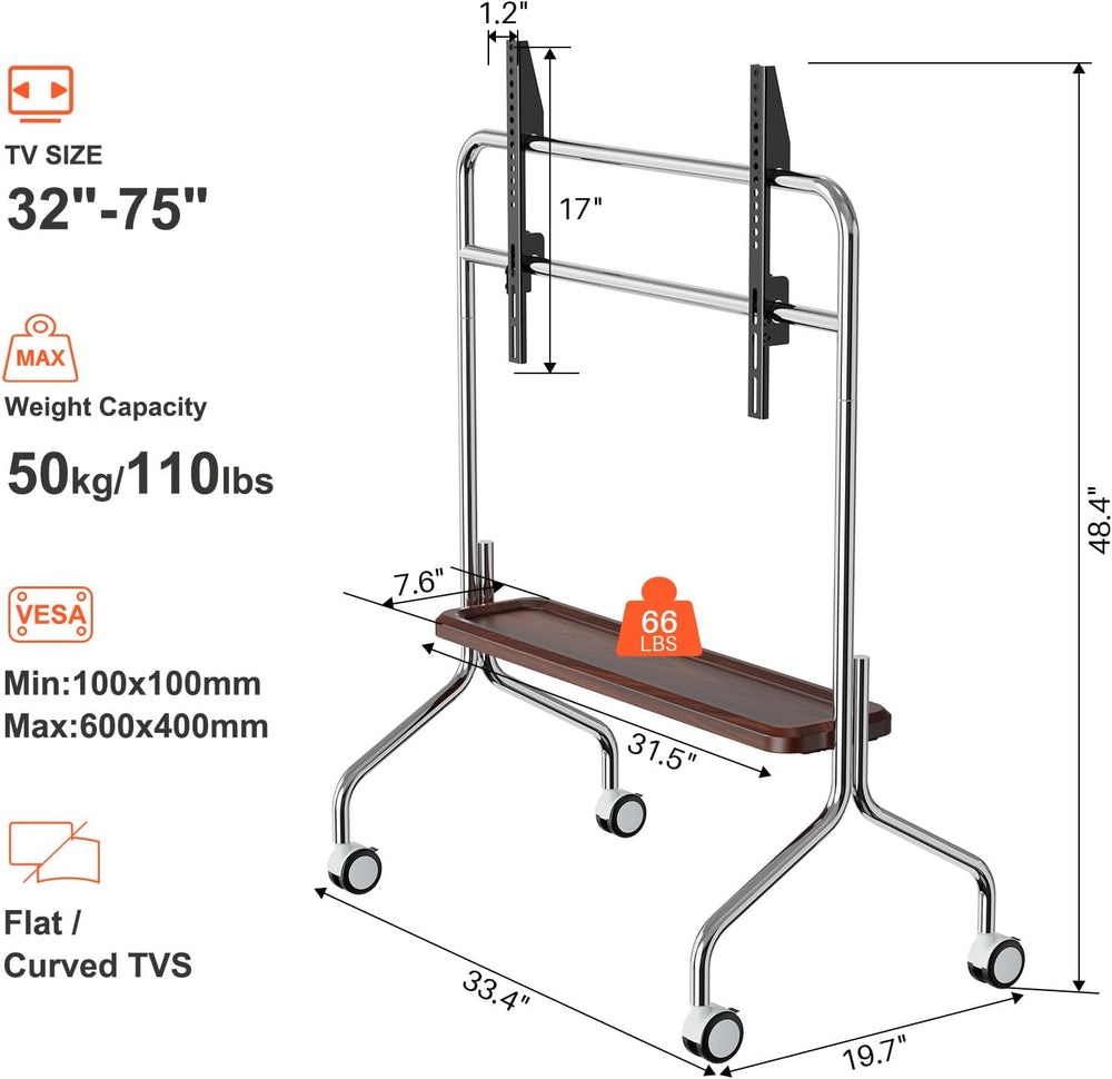 Easel Rolling TV Stand for 32-75" TVs, Stainless Steel TV Cart with Shelf
