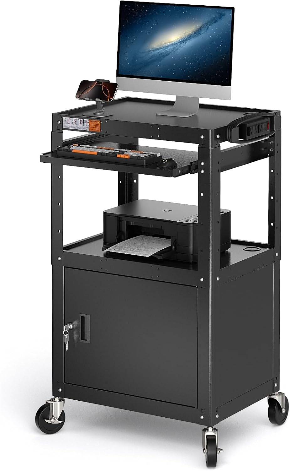POCHAR Steel Large AV Cart with Locking Cabinet - Adjustable Height Media Carts with Wheels, Pullout Tray, Power Strip for Mobile Work Station - Rolling Computer Cart for Office Classroom Presentation