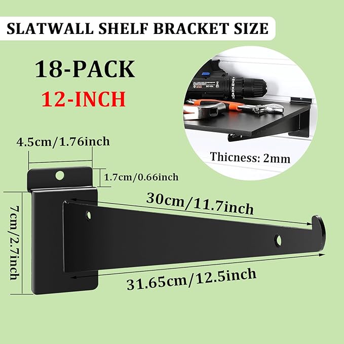 18 Pack Slatwall Shelf Bracket 12 inch, Heavy Duty Metal Shelf Brackets