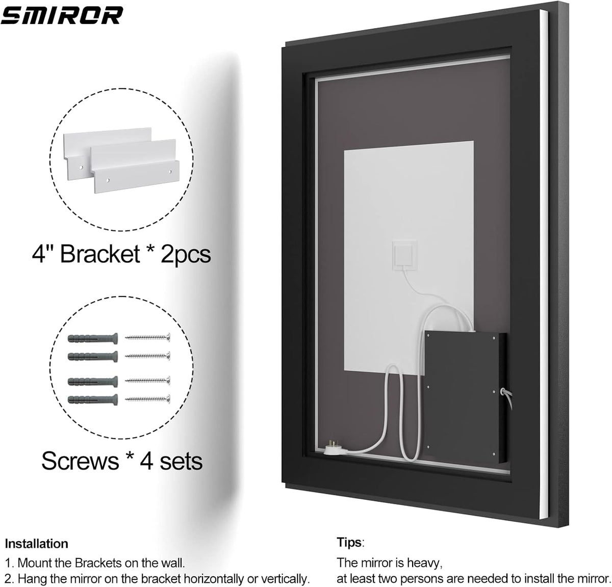 SMIROR 48x40 Black Framed LED Lighted Bathroom Vanity Mirror for Wall