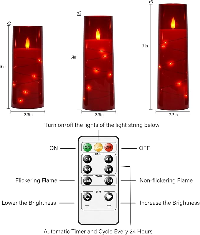 Flameless Candles with Embedded Star String, Battery Operated LED Pillar (Set of 7)