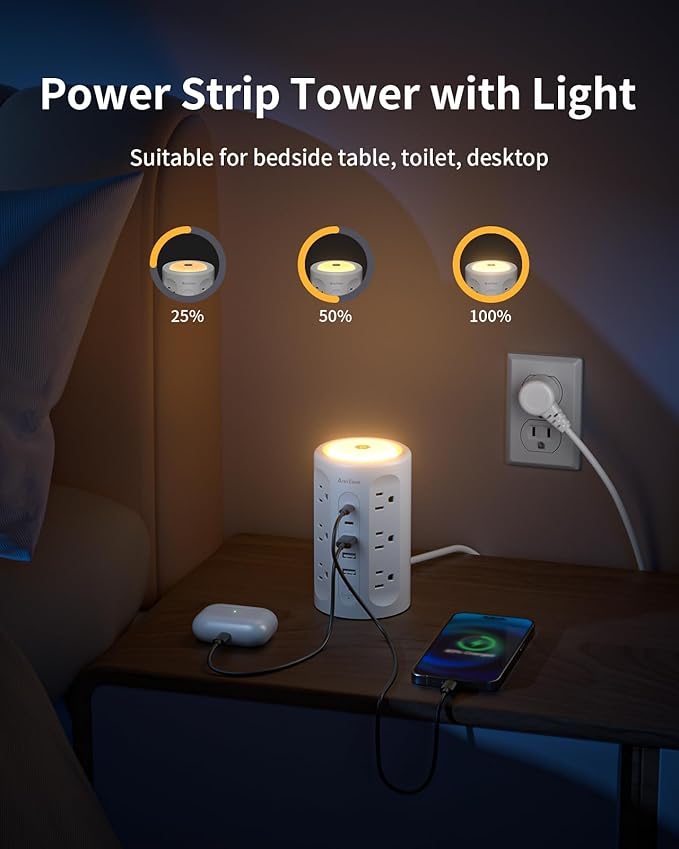 AnnTane Power Strip Tower with Night Light, 15W Surge Protector Power Strip