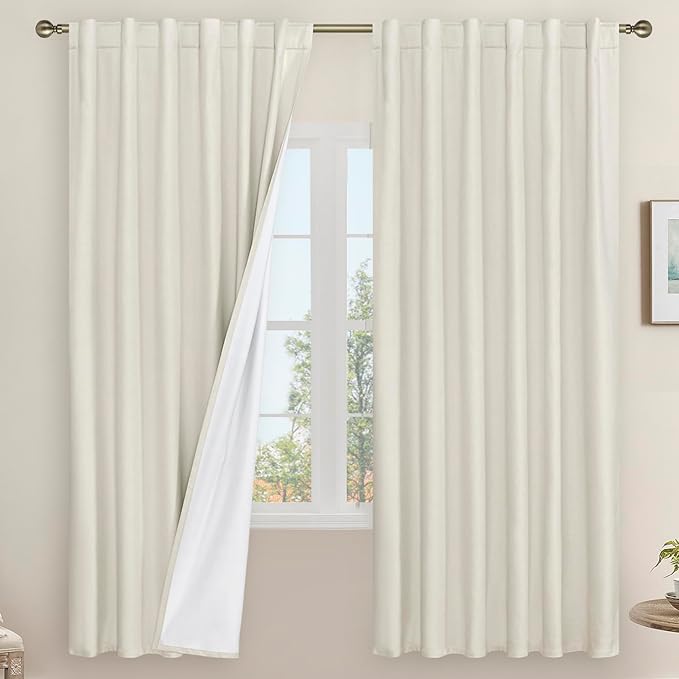 LAMIT Ivory 100% Blackout Linen Curtains, 72 Inch Linen Textured Living Room