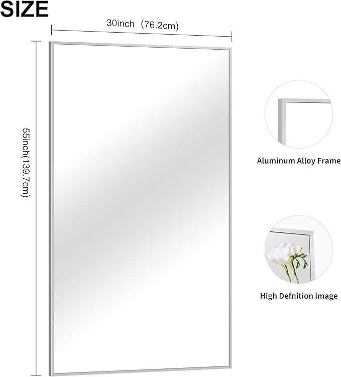 30x55In Silver Bathroom Mirror for Wall, Brushed Nickel Rectangle Mirrors
