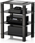 FITUEYES 4-Tier Media Stand Audio with Tempered Glass Shelves, Black