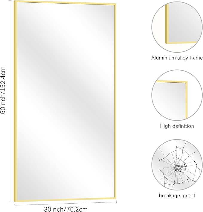Gold Bathroom Mirror for Wall, 60x30 Inch Rectangle Mirrors