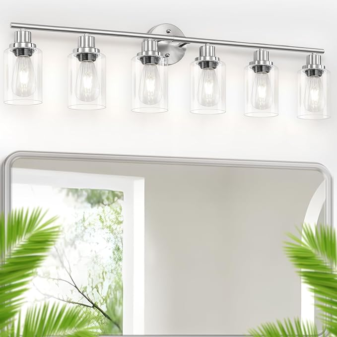 Guliaofo 6-Light Nickel Bathroom Vanity Lights, E26 Modern Bathroom Light