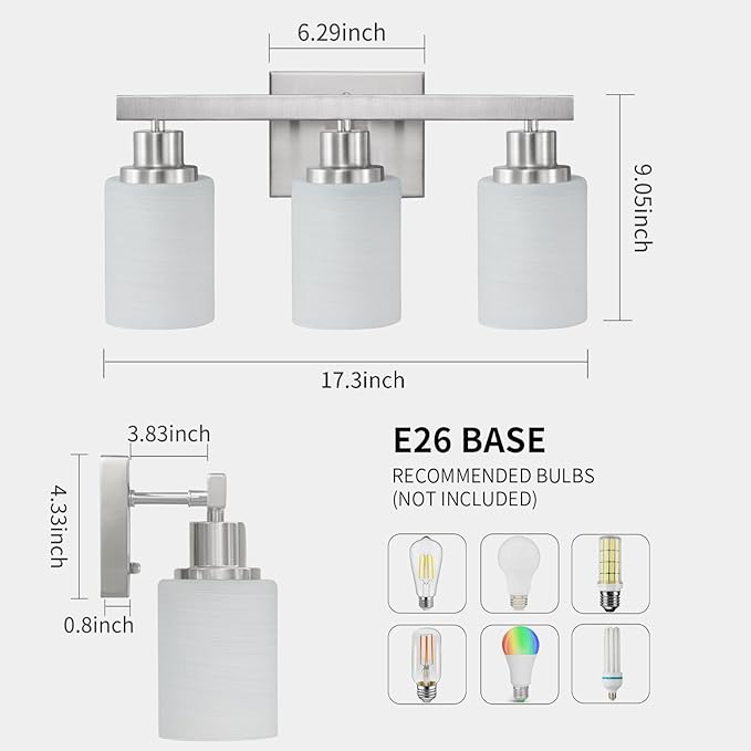 DIKAIDA 3-Light Bathroom Light Fixtures, Nickel Vanity Light, Modern Bathroom
