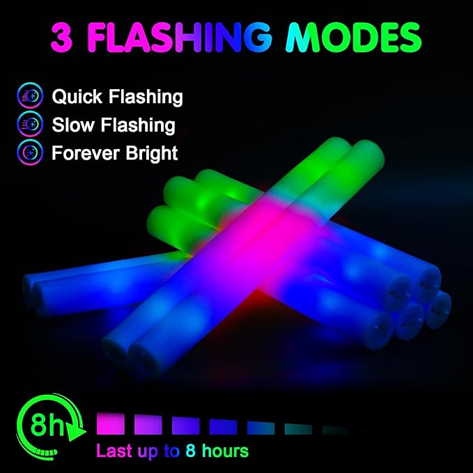 112 PCS Foam Glow Sticks, Foam Light Up Sticks Party Supplies with 3 Mode Colorful Flashing, Glow Sticks Bulk Party Pack, Led Foam Sticks for Birthday, Wedding, Halloween, Carnival, Concert