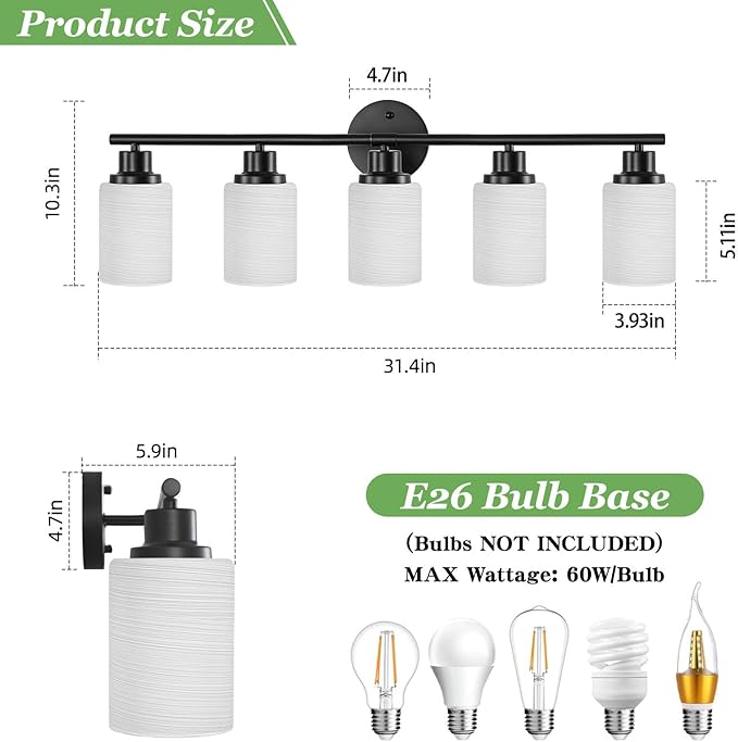 Guliaofo 5-Light Bathroom Light Fixtures, E26 Base Vanity Lights