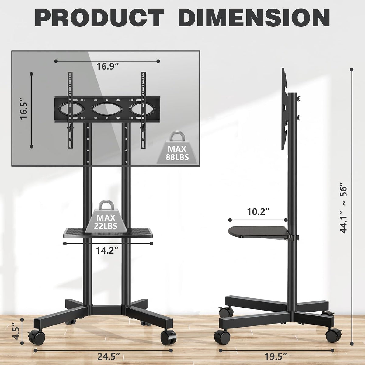 Mobile TV Stand with Upgraded Wheels for 32-75 Inch TVs up to 88 lbs