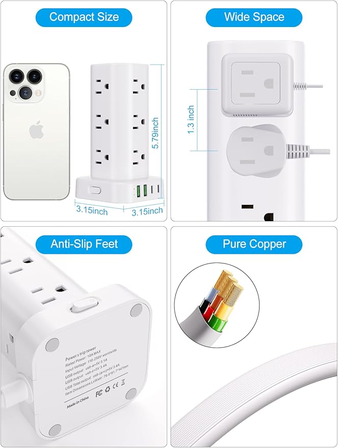 Power Strip with Wireless Charger, Flat Plug Surge Protector with 10FT