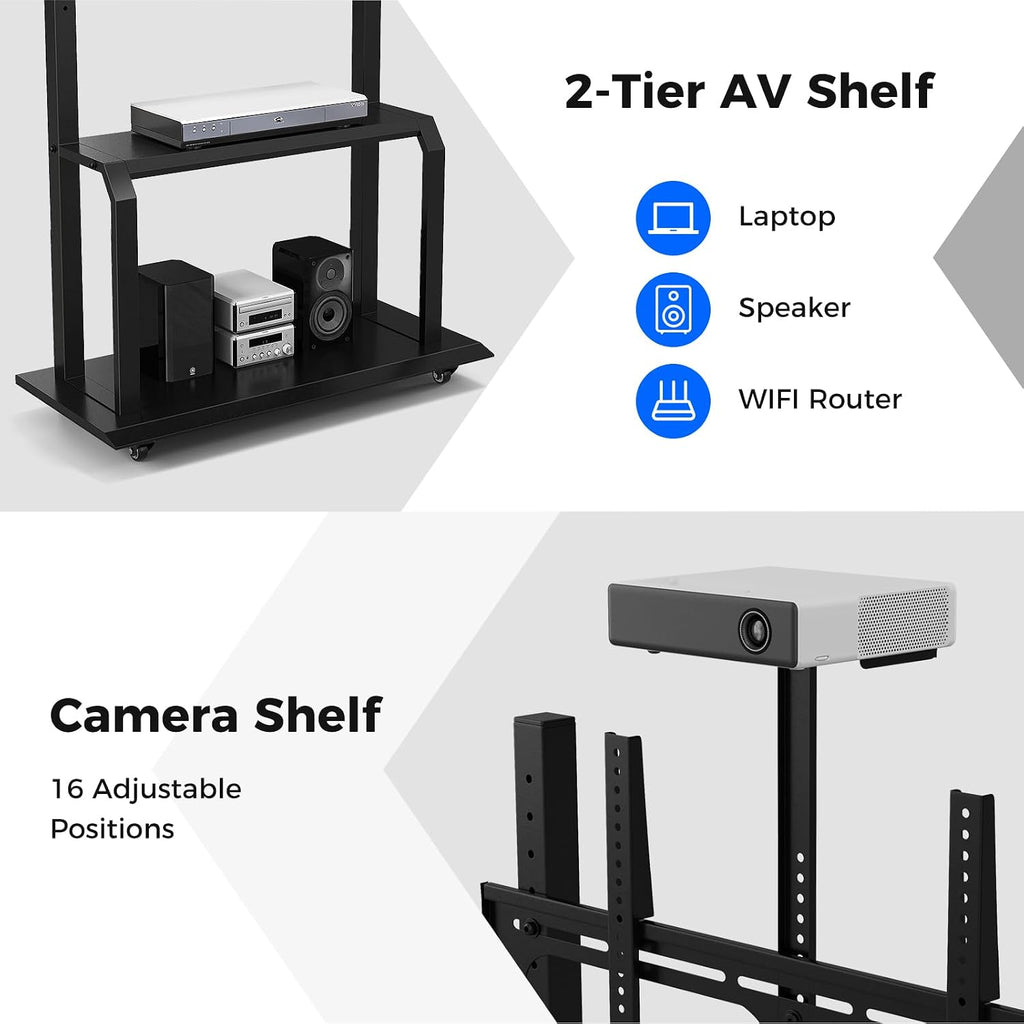 Goplus Mobile TV Stand, Rolling TV Cart with Camera Shelf & AV Shelves, Adjustable Media Console Cart for 32”-80” Flat/Curved TVs up to 132 lbs, Max VESA 900 X 600 mm, TV Mounting Screws Included